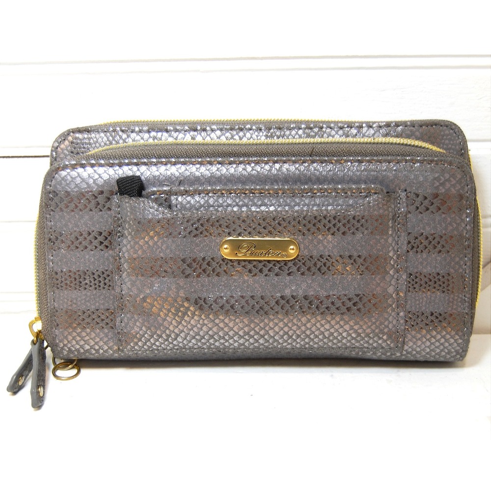 Buxton Wallet Vegan Faux Leather Double Zipper‎ Snakeskin print Striped NWOT